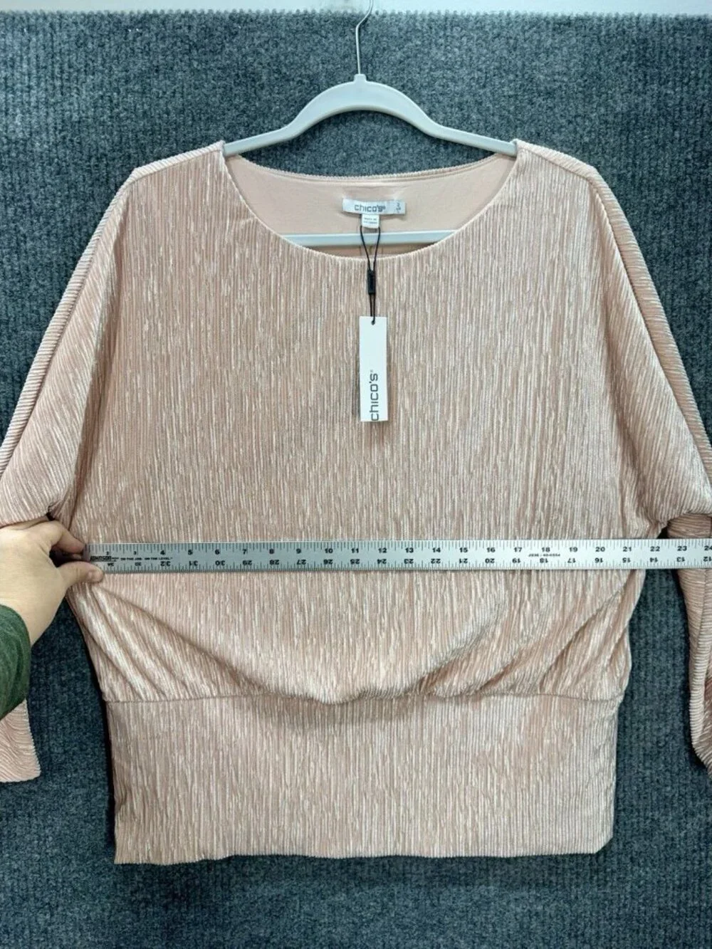 Chicos Velvet Crinkle Top Womens 2/Large Rose Pink Banded Bottom Long Sleeve NEW - Picture 9 of 12